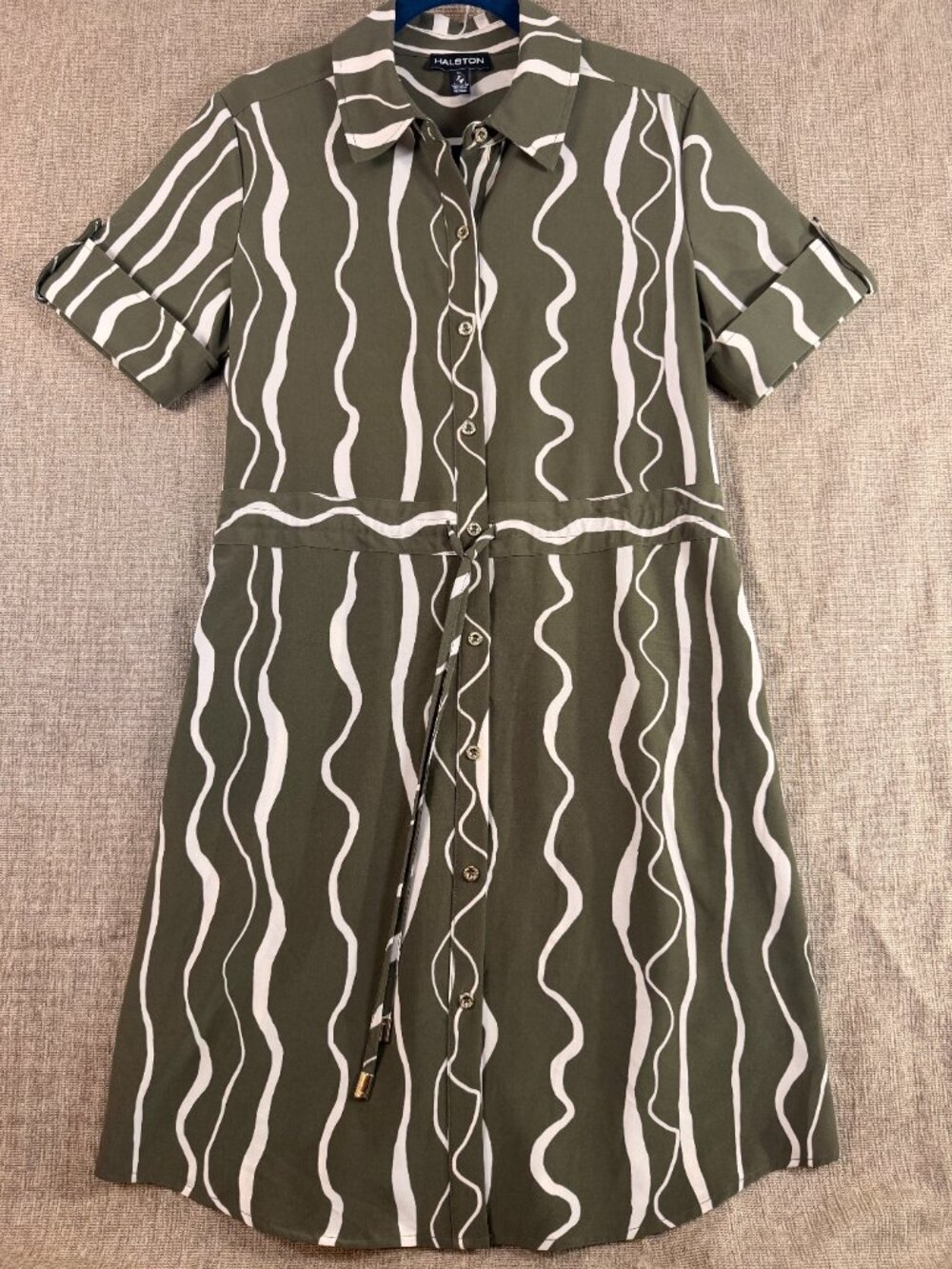 Women's Halston green & white wavy stripe dress with tie waist, size S